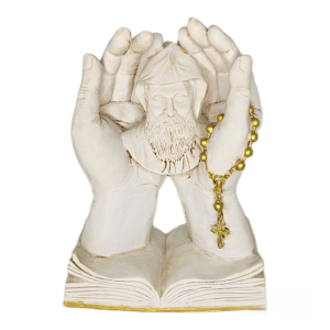 Saint Charbel Hands of Prayer Statue with Rosary on Open Bible