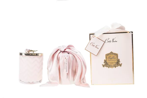 Cote Noire – Herringbone Candle With Scarf – Pink – Pink Rose Lid