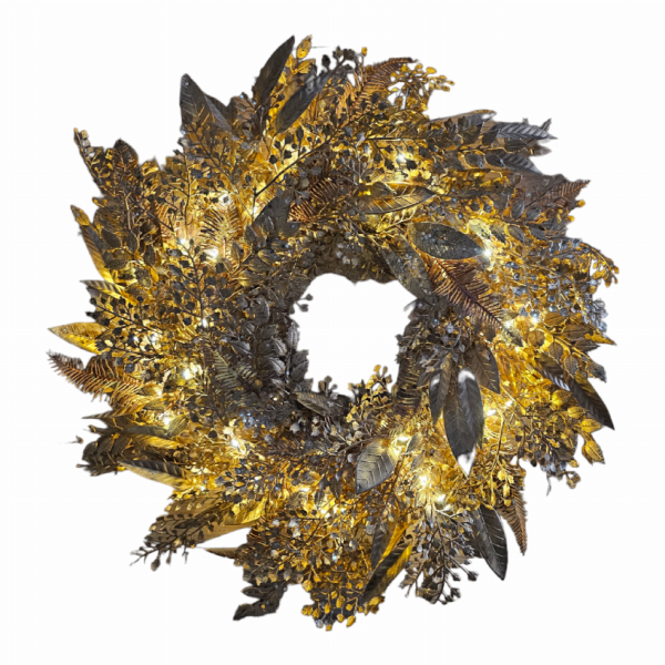 LED Mixed Fern Leaf Wreath Gold