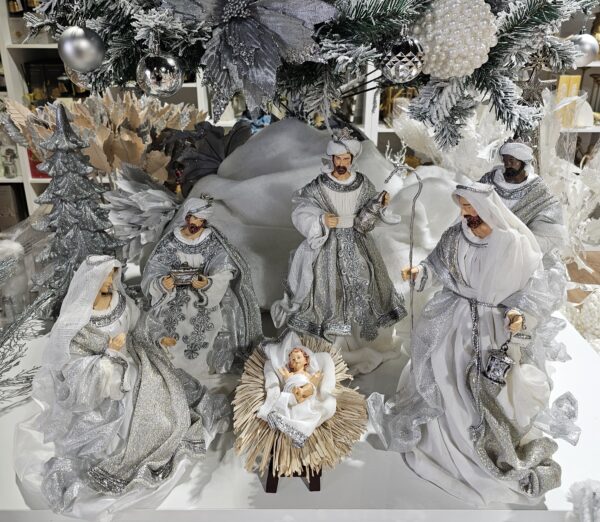 White and Silver Fabric Nativity Scene