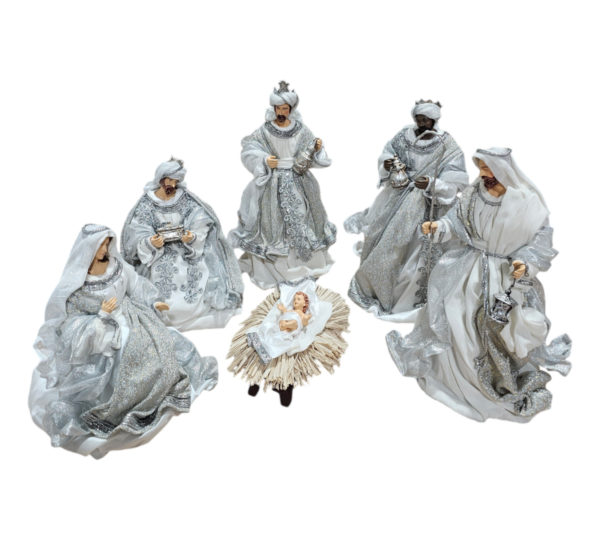 White and Silver Fabric Nativity Scene