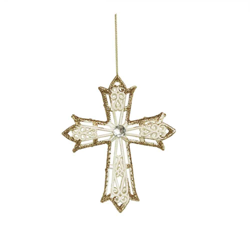 Ivory and Gold Glitter Cross Ornament