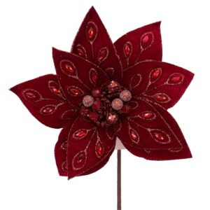 Luxury Red Velvet Poinsettia Stem with Gem Accents