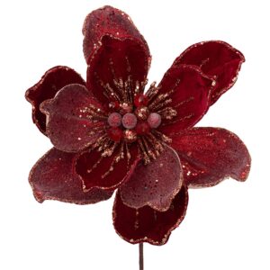 Elegant Red Velvet Glittered Magnolia Stem