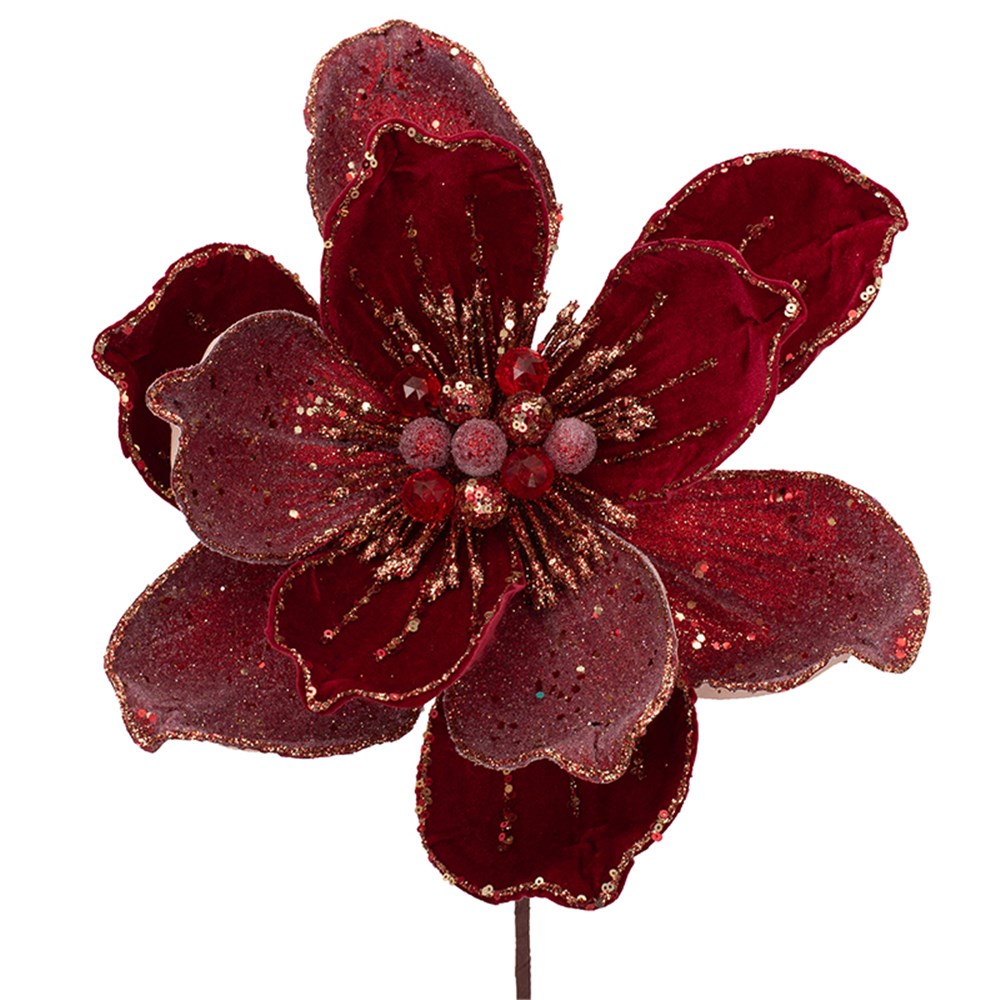 Elegant Red Velvet Glittered Magnolia Stem