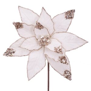 Elegant White & Gold Glitter Poinsettia Stem