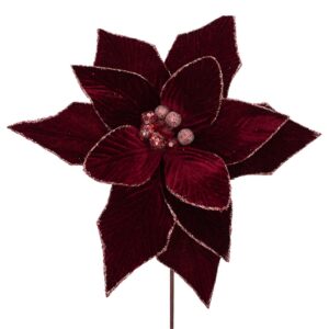 Elegant Burgundy Velvet Poinsettia Stem – Glitter Accents