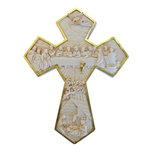 White & Gold Relief Cross – Last Supper & Nativity Design