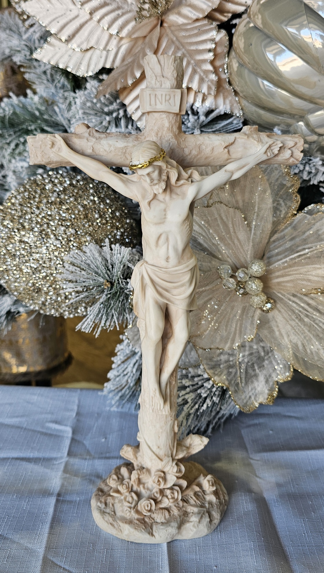 Handcrafted Crucifix Statue – Detailed Resin Jesus on Cross with Gold Crown of Thorns