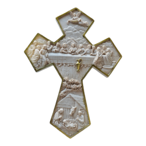 Large White & Gold Relief Cross – Last Supper & Nativity Design