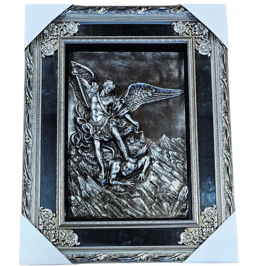 Saint Michael the Archangel Embossed Art in Ornate Silver Frame